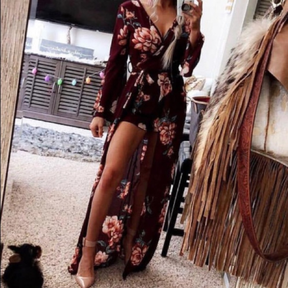 NWOT Floral Burgundy Romper with Train